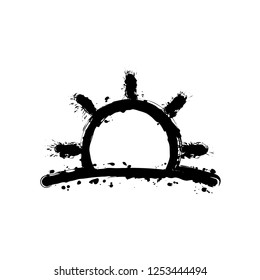 Sunrise icon. Linear, thin outline. Black ink with splashes on white background