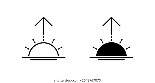 Sunrise Icon Set. Eine schwarze Ikone eines Sonnenaufgangs, die das Morgenlicht darstellt.