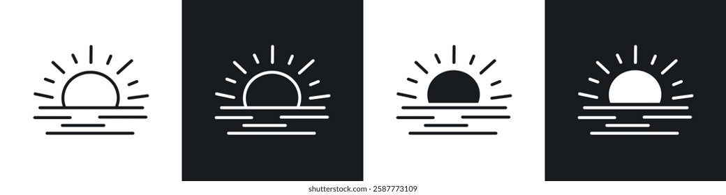 Sunrise icon set black and white colors. Graphic Vector icons pack