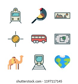 sunrise icon set. vector set about bus, camel, landscape and earth globe icons set.