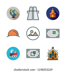 sunrise icon set. vector set about sunset, landscape, church and focus icons set.