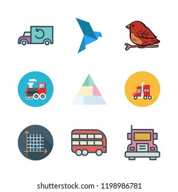sunrise icon set. vector set about pyramid, bird, train and symmetry icons set.
