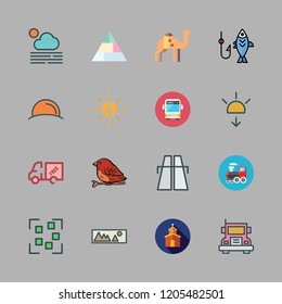 sunrise icon set. vector set about focus, fogg, camel and pyramid icons set.