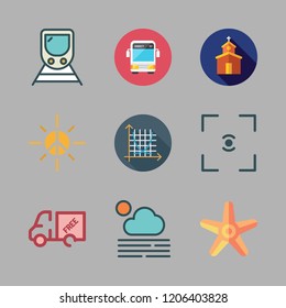 sunrise icon set. vector set about focus, truck, fogg and symmetry icons set.