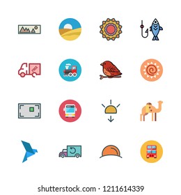 sunrise icon set. vector set about sun, focus, desert and camel icons set.