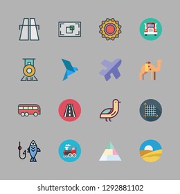 sunrise icon set. vector set about bird, sun, road and symmetry icons set.