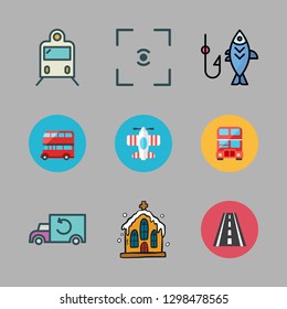 sunrise icon set. vector set about truck, focus, fishing and road icons set.