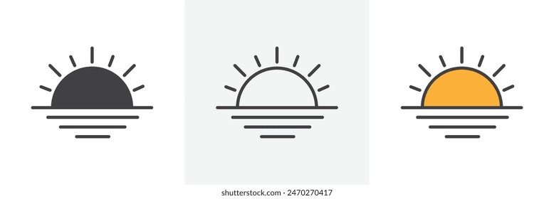 Sunrise icon set. Vector symbol of morning sunshine and sea sunset.