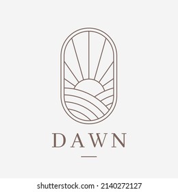 Sunrise icon. Sunshine line art emblem. Elegant sunset landscape label. Minimalistic dawn sky logo. Vector illustration.