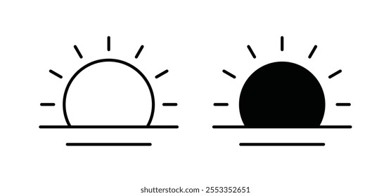 Iconos de la salida del sol en estilo relleno y delineado negro