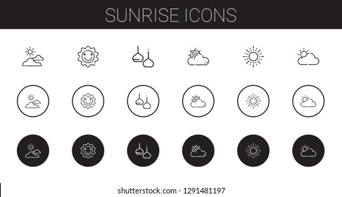 sunrise icons set. Collection of sunrise with cloudy, sun, light. Editable and scalable sunrise icons.
