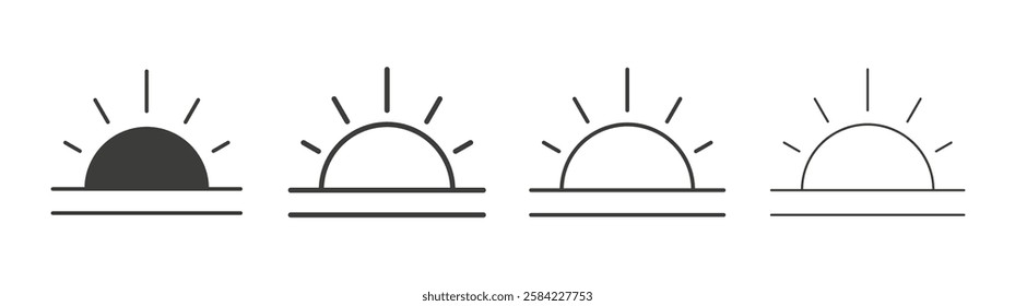 Sunrise icons set. Liner outlined and flat black color