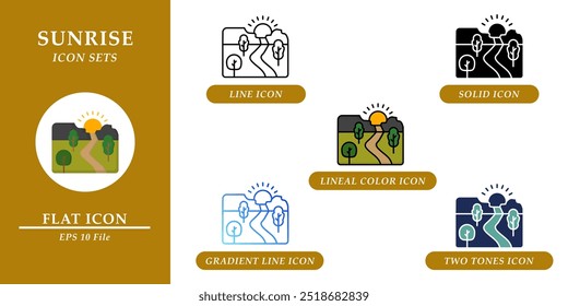 Sunrise icons sets. Nature environment concept. Various style icons on isolated background for web design, symbol, sign, presentation, and infographics. EPS 10. 