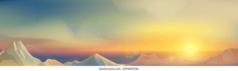 Sunrise illuminating snow capped mountain peaks in early morning atmosphere. Gradient sky frames grand range silhouette. Minimalist digital landscape depicting dawn across tranquil alpine summits.