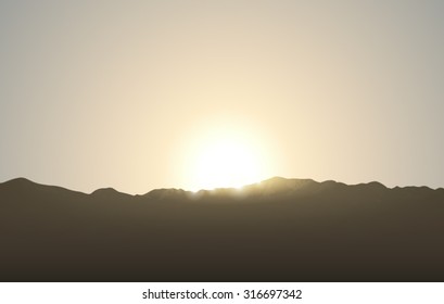 Sunrise. Illustration of sunrise in the desert, with big dunes, rocks and huge clear sky in the background. Empty space leaves room for design elements or text. Panorama. Background. Banner. Poster.