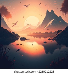 Vector de ilustración de la salida del sol, colina, río, árbol, aves y luz