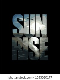 Sunrise, an isolated word depicting the rising sun above the mountains and the lake with birds and clouds
