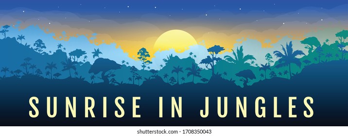 Sunrise in jungles flat color vector banner template. Dawn in forest. Panoramic view on exotic woods in morning. Travel to rainforest. Tropical 2D cartoon landscape with woods on background