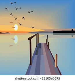 Sunrise lake dock and bird vector image