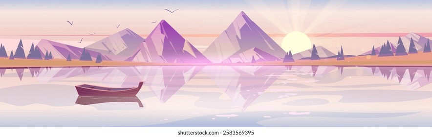 Sunrise lake landscape panorama with wooden boat floating on water surface reflecting mountain peaks, pine trees and rising sun. Cartoon peaceful dawn scenery with birds flying in pink morning sky.