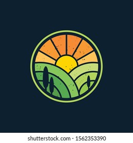 Sunrise landscape agriculture logo design vector illustration