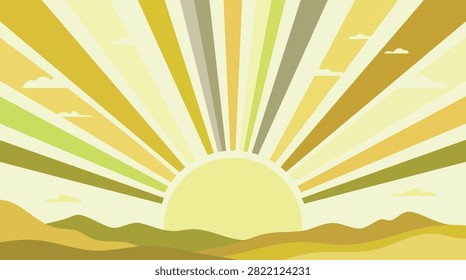Sunrise Landscape Background with Sun Rays and Rolling Hills Vector