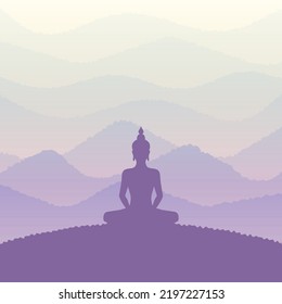 Sunrise landscape with Buddha. Vector illustration.