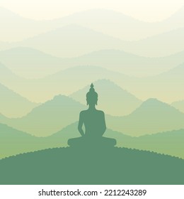 Sunrise landscape with Buddha. Vector illustration.
