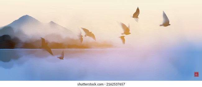 Sunrise landscape with flock of birds flying above the island. Traditional Japanese ink wash painting sumi-e. Translation of hieroglyph - eternity