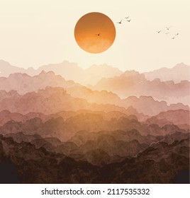 Sunrise landscape with forest mountains and big red sun. Traditional oriental ink painting sumi-e, u-sin, go-hua.