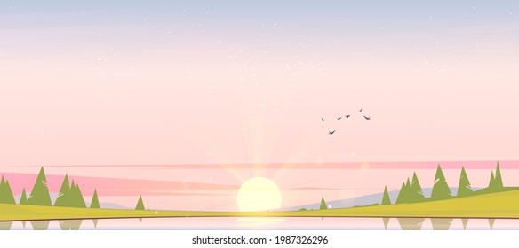 Sunrise landscape with lake, birds in sky, silhouettes on hills and trees on coast. Vector cartoon illustration of nature scenery with dawn, coniferous forest on river shore and sun on horizon