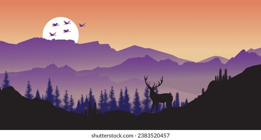 Paisaje del amanecer con bosque nublado, montañas lejanas y amanecer. las grúas están volando. hay un ciervo. Ilustración vectorial de un paisaje en tonos lilos rosados