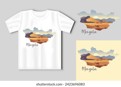 Sunrise landscape of the Mongolian steppe and Gobi desert with a camel. In the form of a map of Mongolia.