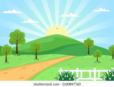Sunrise Landscape of Morning Scene Mountains, Hill, Lake and Valley in Flat Nature for Poster, Banner or Background Illustration