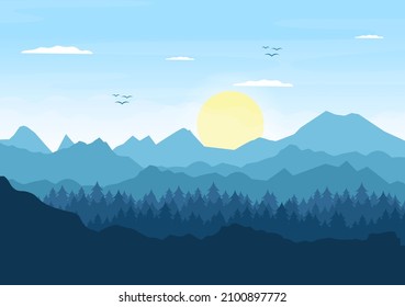 Sunrise Landscape of Morning Scene Mountains, Hill, Lake and Valley in Flat Nature for Poster, Banner or Background Illustration