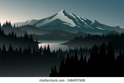 sunrise landscape at mountain with lake and foggy forest