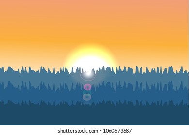 Sunrise landscape vector background. Beautiful geometric illustration. Realistic vector illustration of nature landscape with forest and sunrise, sunset. Silhouette landscape.