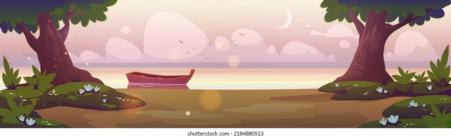 Sunrise landscape with wooden boat at shore with green trees, grass and flowers. Scenery dawn nature, early morning background with pink sky, crescent and clouds over water Cartoon vector illustration