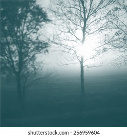 Sunrise and leafless tree. Vector illustration