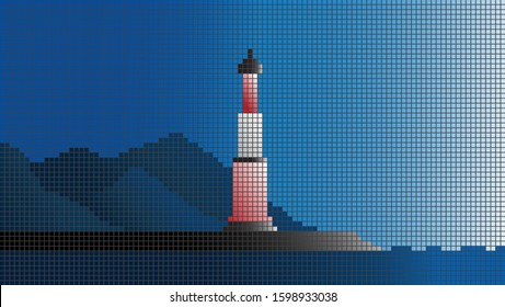 sunrise in the lighthouse. Grid building vector illustration.