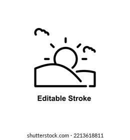sunrise line icon designed in outline style with editable stroke in weather icon theme and decorated with landscape icon elements and sun moon icon