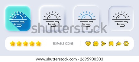 Sunrise line icon. Neumorphic, Flat shadow, 3d buttons. Morning sun sign. Sunny weather symbol. Line sunrise icon. Social media icons. Vector