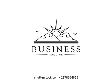 logo de sunrise desde detrás de las nubes con la decoración de pájaros voladores en estilo de diseño de arte de línea