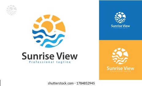 Sunrise logo design with the concept of the sun and waves with a line model. vector