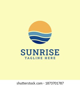 Logo-Design von Sonnenaufgang und Strandgrafik