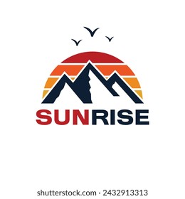 Sunrise logo design template - Sunrise Behind The Mountains and Birds Are flying Above In The Sky.