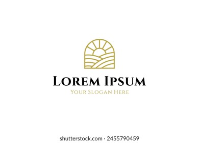 sunrise logo on farm field in line art design style