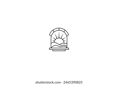 sunrise logo on mountains in window view in line art design style