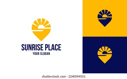 Sunrise logo with pin location logo design vector