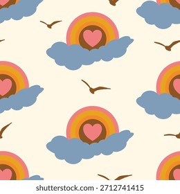 Sonnenaufgang der Liebe nahtloses Muster. Retro Regenbogen Bogen und Sonnenaufgang Herz Vektor flaches Design für Boho Vintage Hintergrund, abstrakte geometrische Kunst, und warme Dekor.